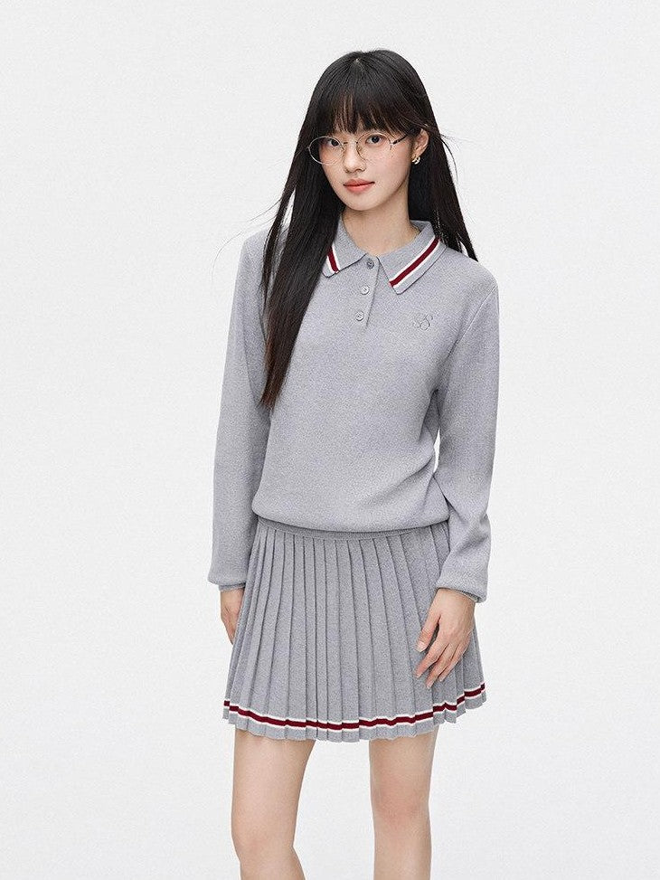 SereneEase Preppy Polo Collar Cropped Slimming Pleated Women's Knit Matching Skirt Sets