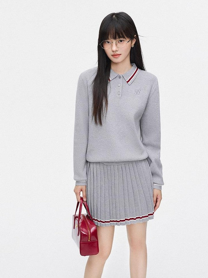 SereneEase Preppy Polo Collar Cropped Slimming Pleated Women's Knit Matching Skirt Sets