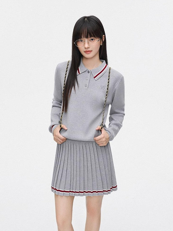 SereneEase Preppy Polo Collar Cropped Slimming Pleated Women's Knit Matching Skirt Sets