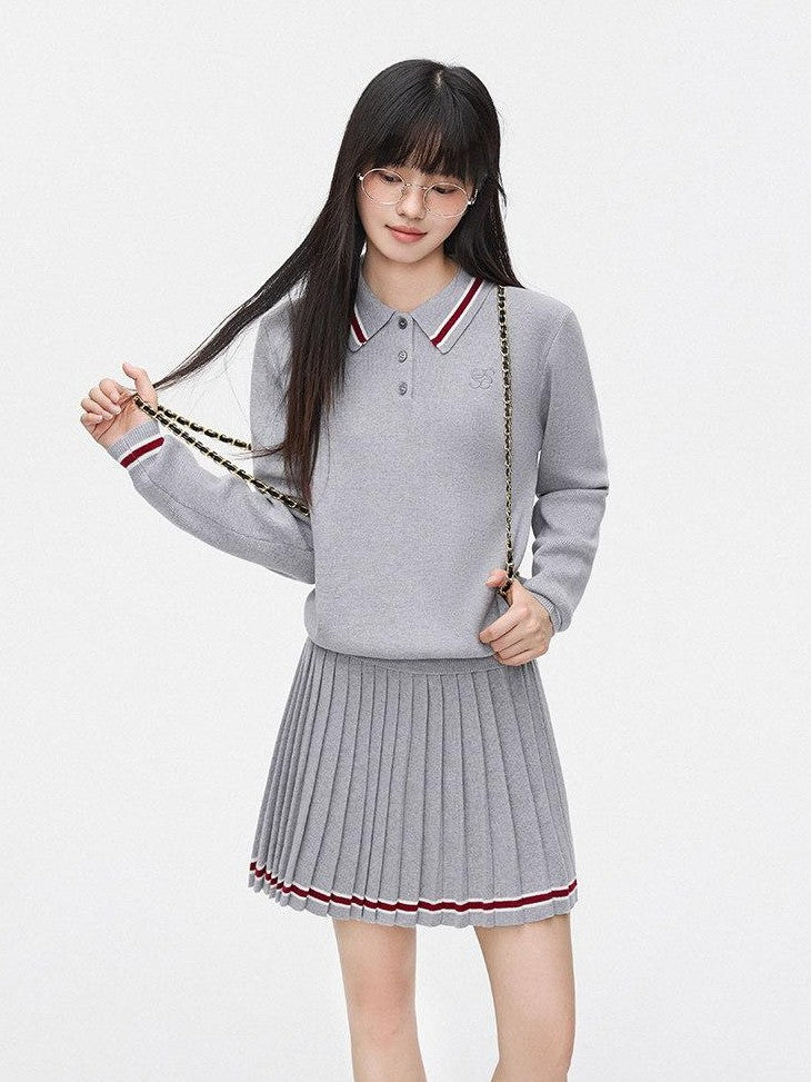 SereneEase Preppy Polo Collar Cropped Slimming Pleated Women's Knit Matching Skirt Sets