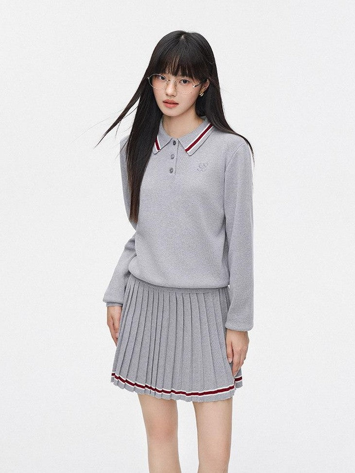 SereneEase Preppy Polo Collar Cropped Slimming Pleated Women's Knit Matching Skirt Sets
