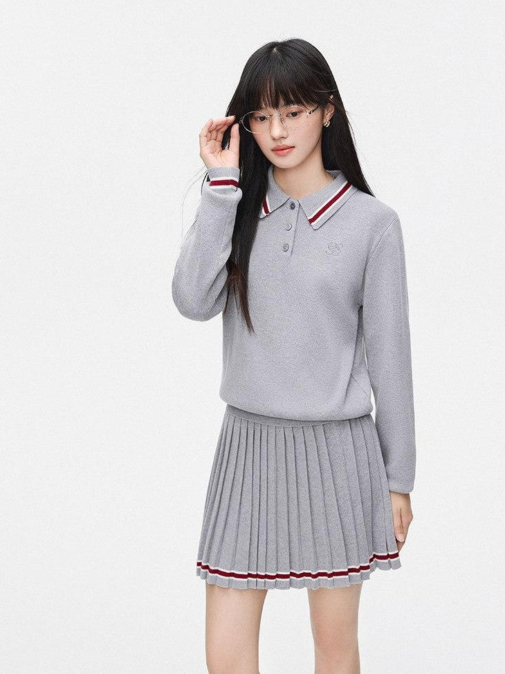 SereneEase Preppy Polo Collar Cropped Slimming Pleated Women's Knit Matching Skirt Sets