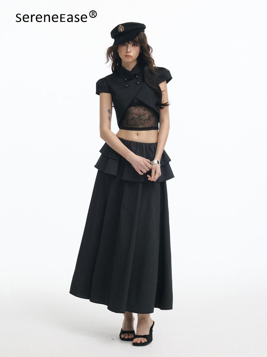 SereneEase Puff Sleeve Lace Cutout Bustier Layered Spliced Women's Matching Skirt Sets