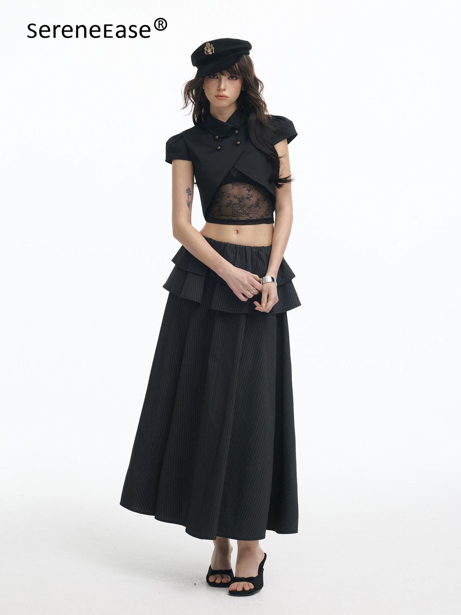 SereneEase Puff Sleeve Lace Cutout Bustier Layered Spliced Women's Matching Skirt Sets