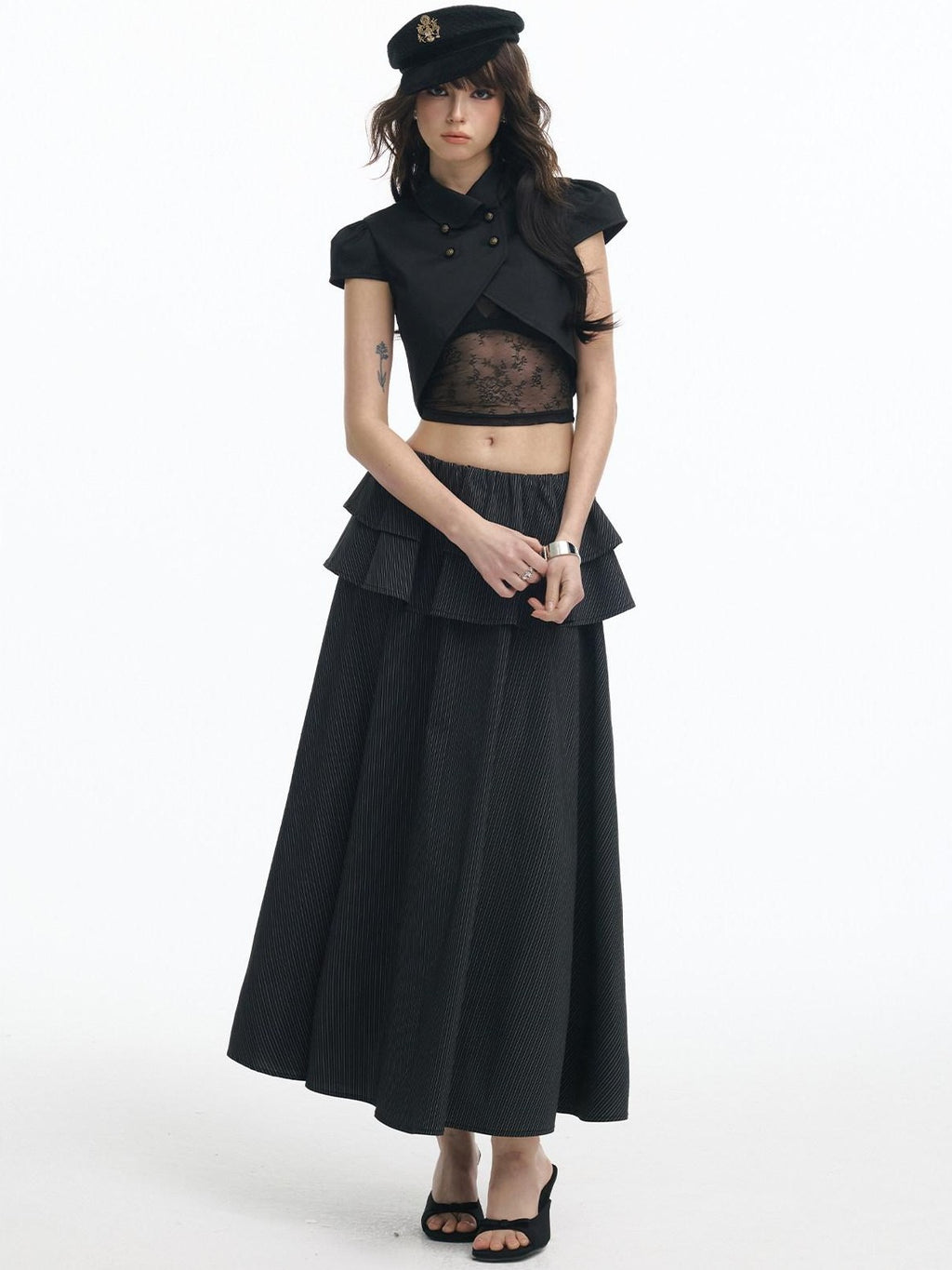 SereneEase Puff Sleeve Lace Cutout Bustier Layered Spliced Women's Matching Skirt Sets
