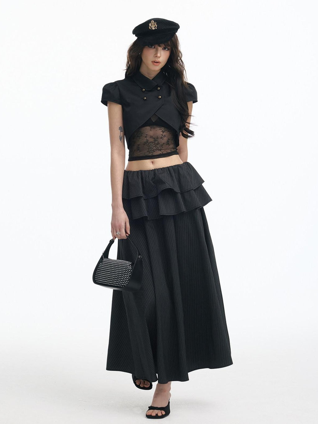 SereneEase Puff Sleeve Lace Cutout Bustier Layered Spliced Women's Matching Skirt Sets