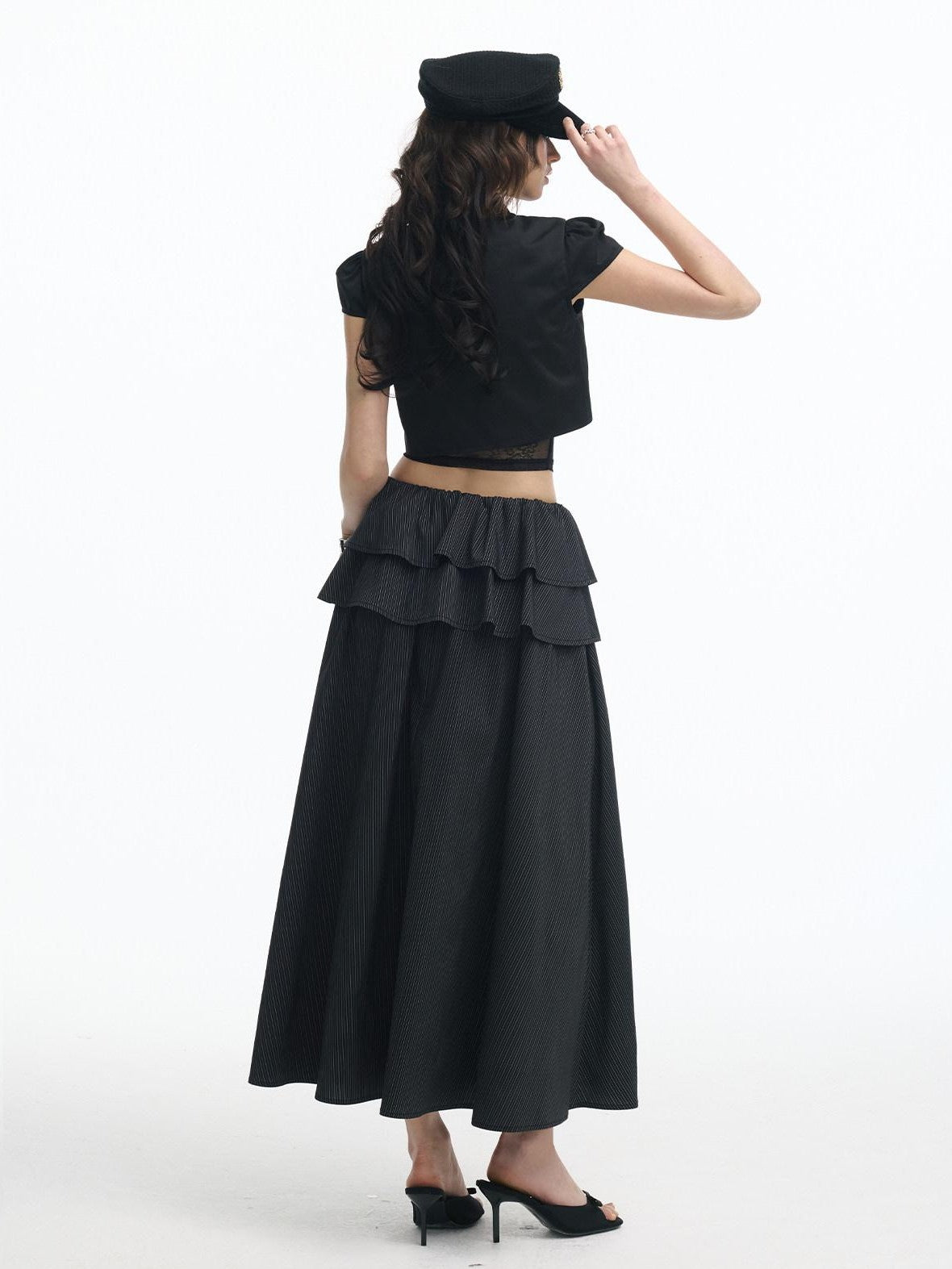 SereneEase Puff Sleeve Lace Cutout Bustier Layered Spliced Women's Matching Skirt Sets