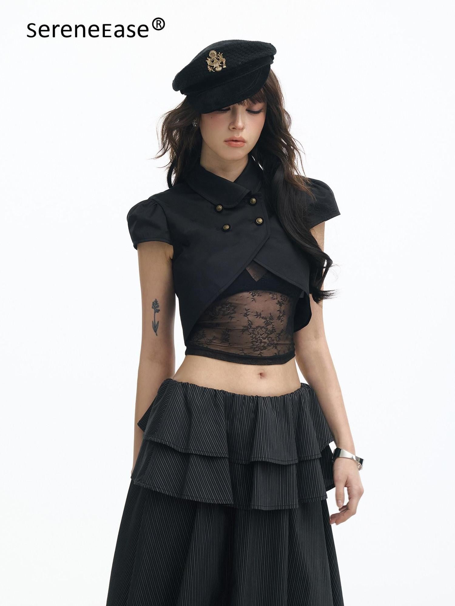 SereneEase Puff Sleeve Lace Cutout Bustier Layered Spliced Women's Matching Skirt Sets