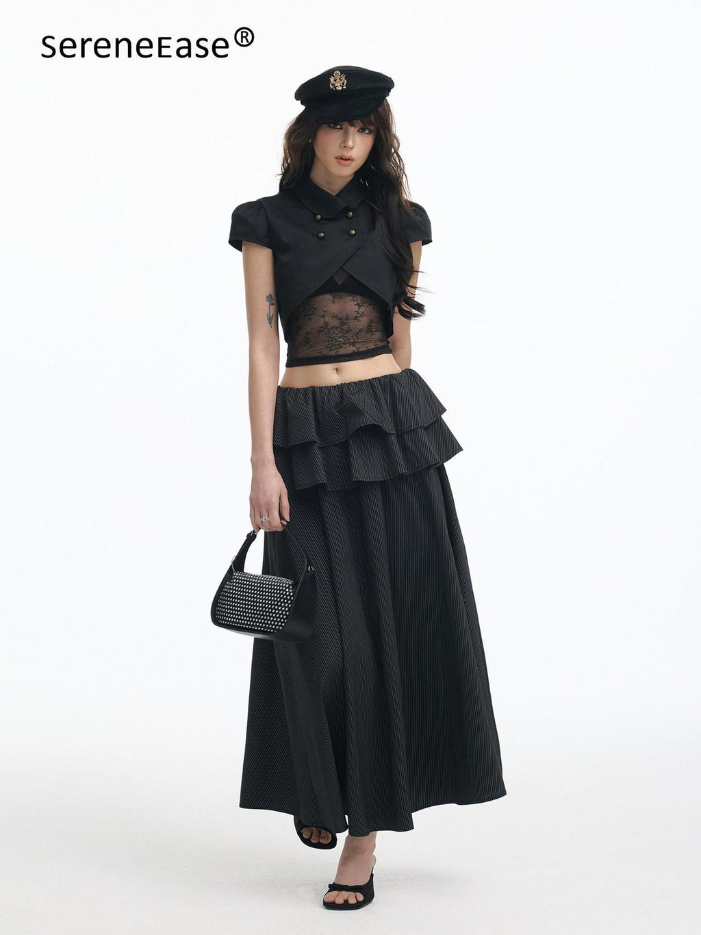 SereneEase Puff Sleeve Lace Cutout Bustier Layered Spliced Women's Matching Skirt Sets