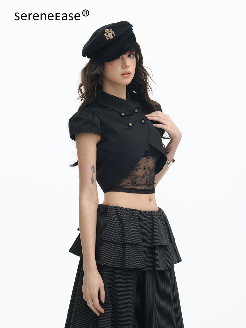 SereneEase Puff Sleeve Lace Cutout Bustier Layered Spliced Women's Matching Skirt Sets