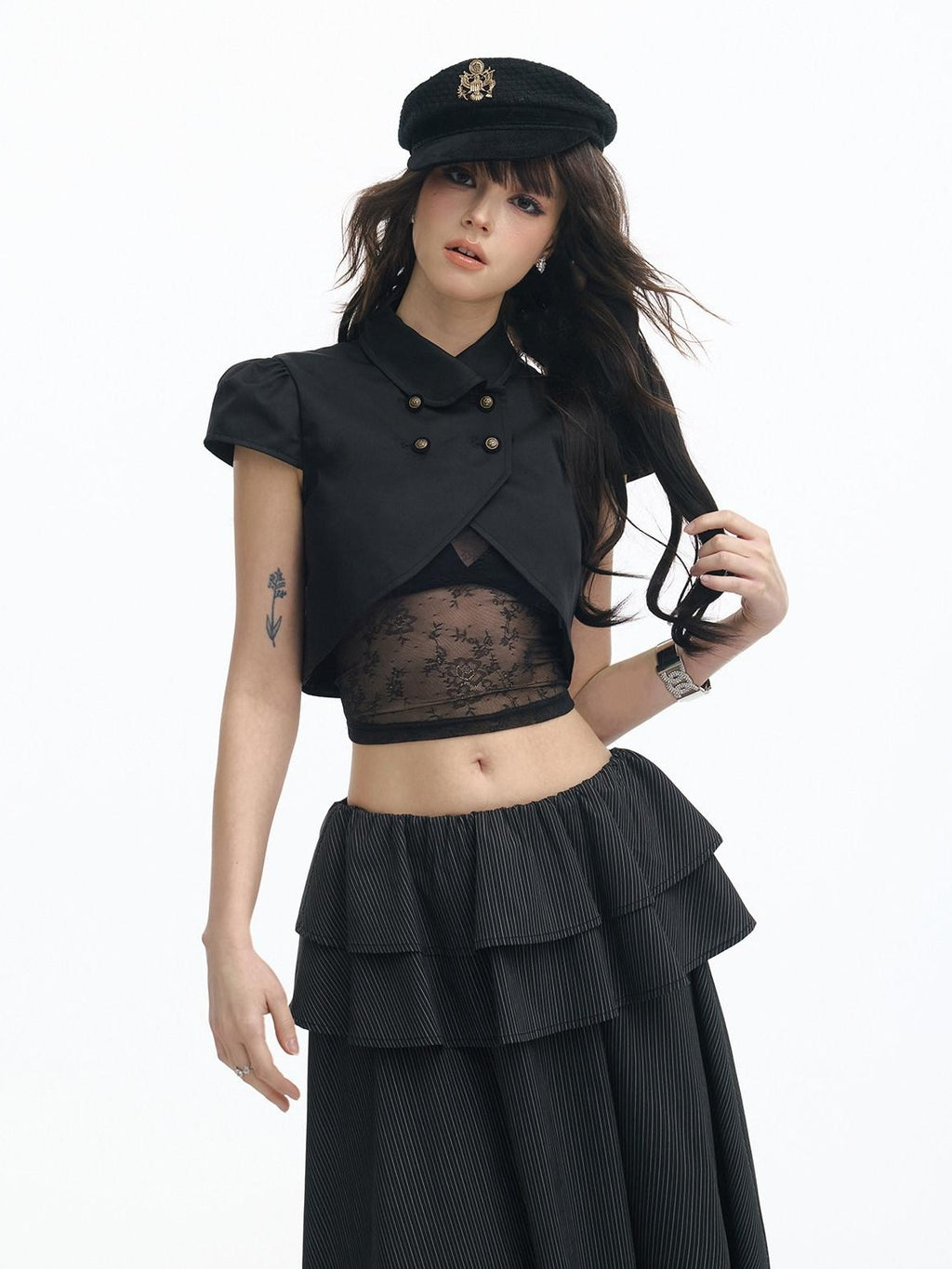 SereneEase Puff Sleeve Lace Cutout Bustier Layered Spliced Women's Matching Skirt Sets