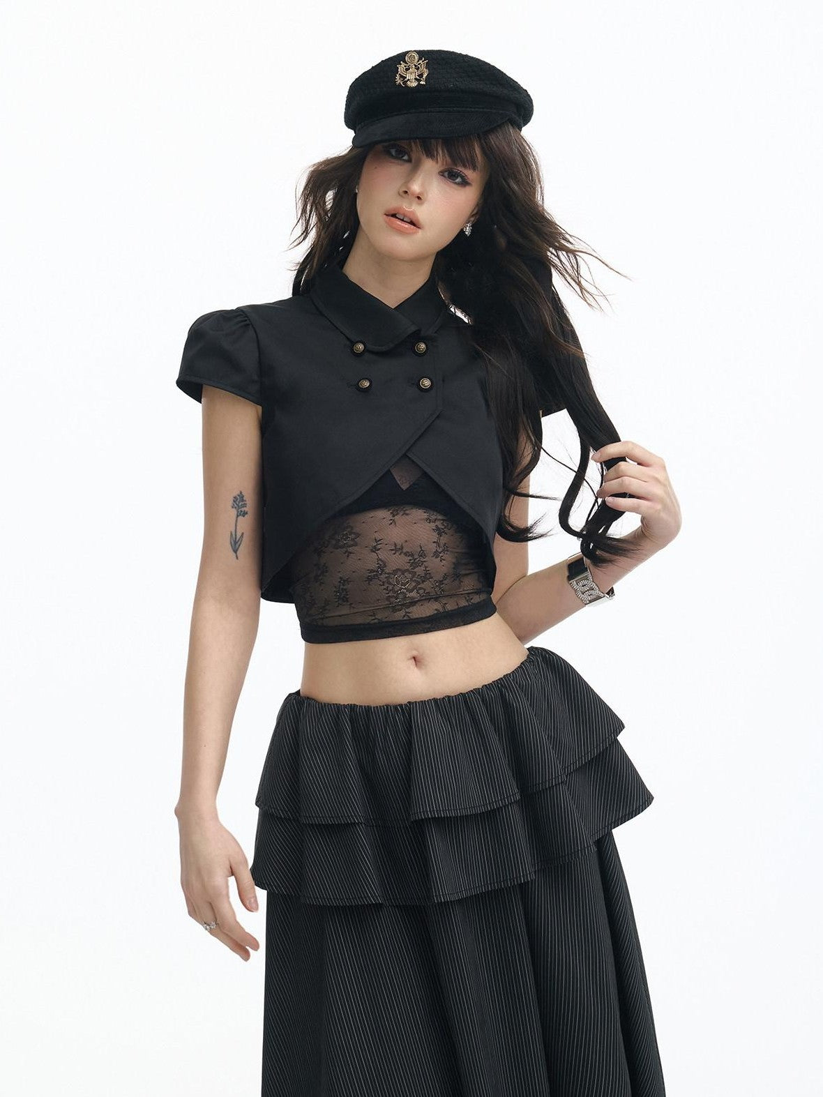 SereneEase Puff Sleeve Lace Cutout Bustier Layered Spliced Women's Matching Skirt Sets
