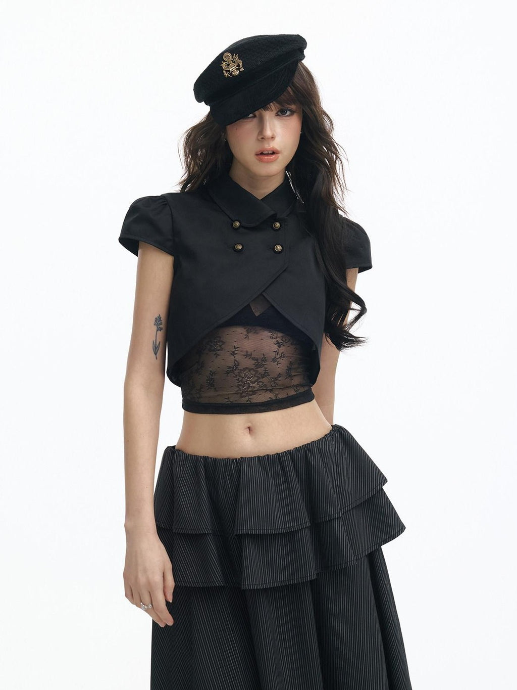 SereneEase Puff Sleeve Lace Cutout Bustier Layered Spliced Women's Matching Skirt Sets