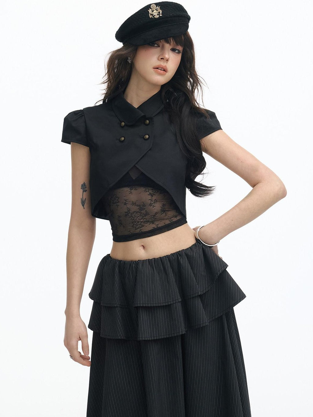 SereneEase Puff Sleeve Lace Cutout Bustier Layered Spliced Women's Matching Skirt Sets