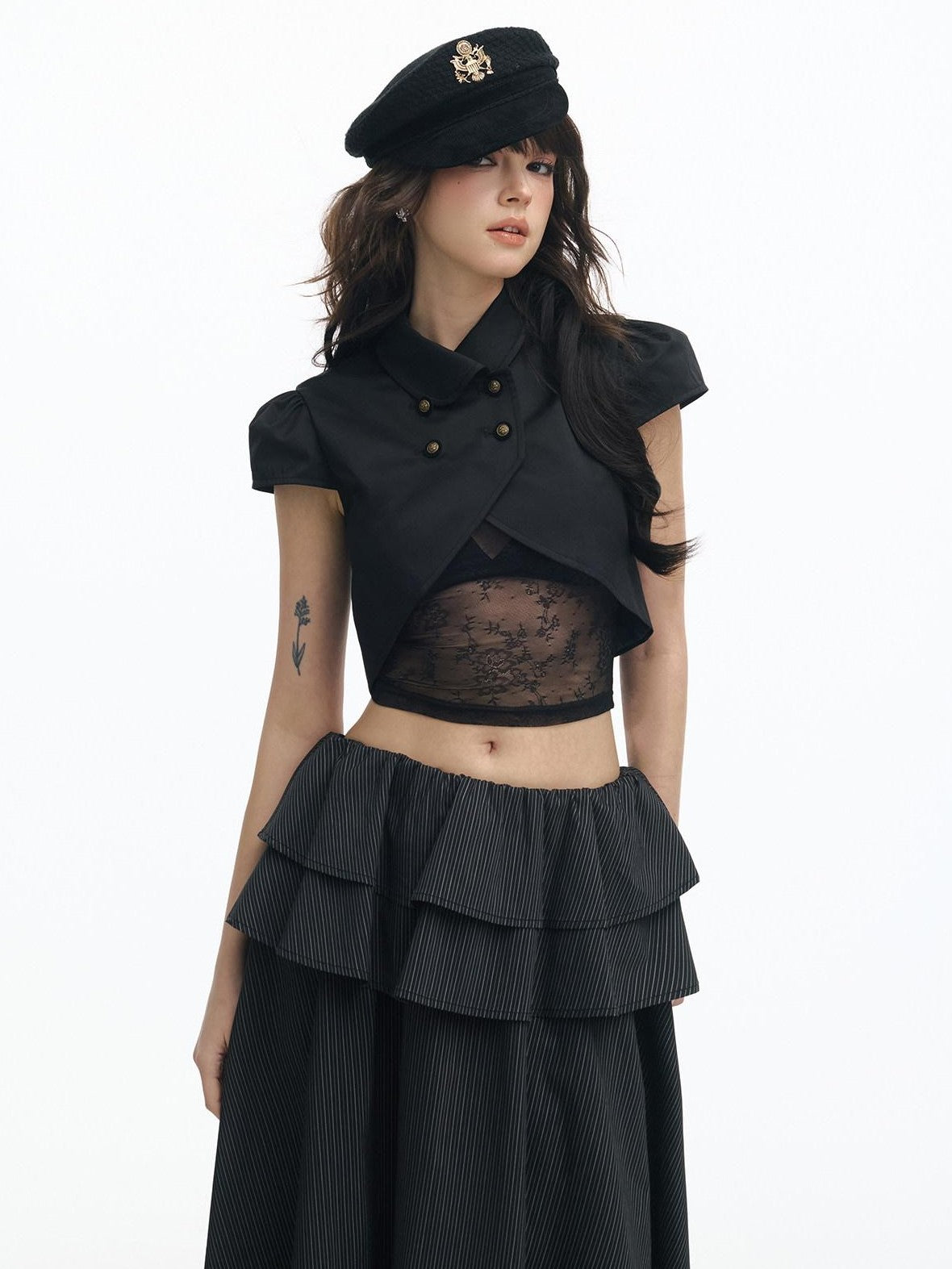 SereneEase Puff Sleeve Lace Cutout Bustier Layered Spliced Women's Matching Skirt Sets