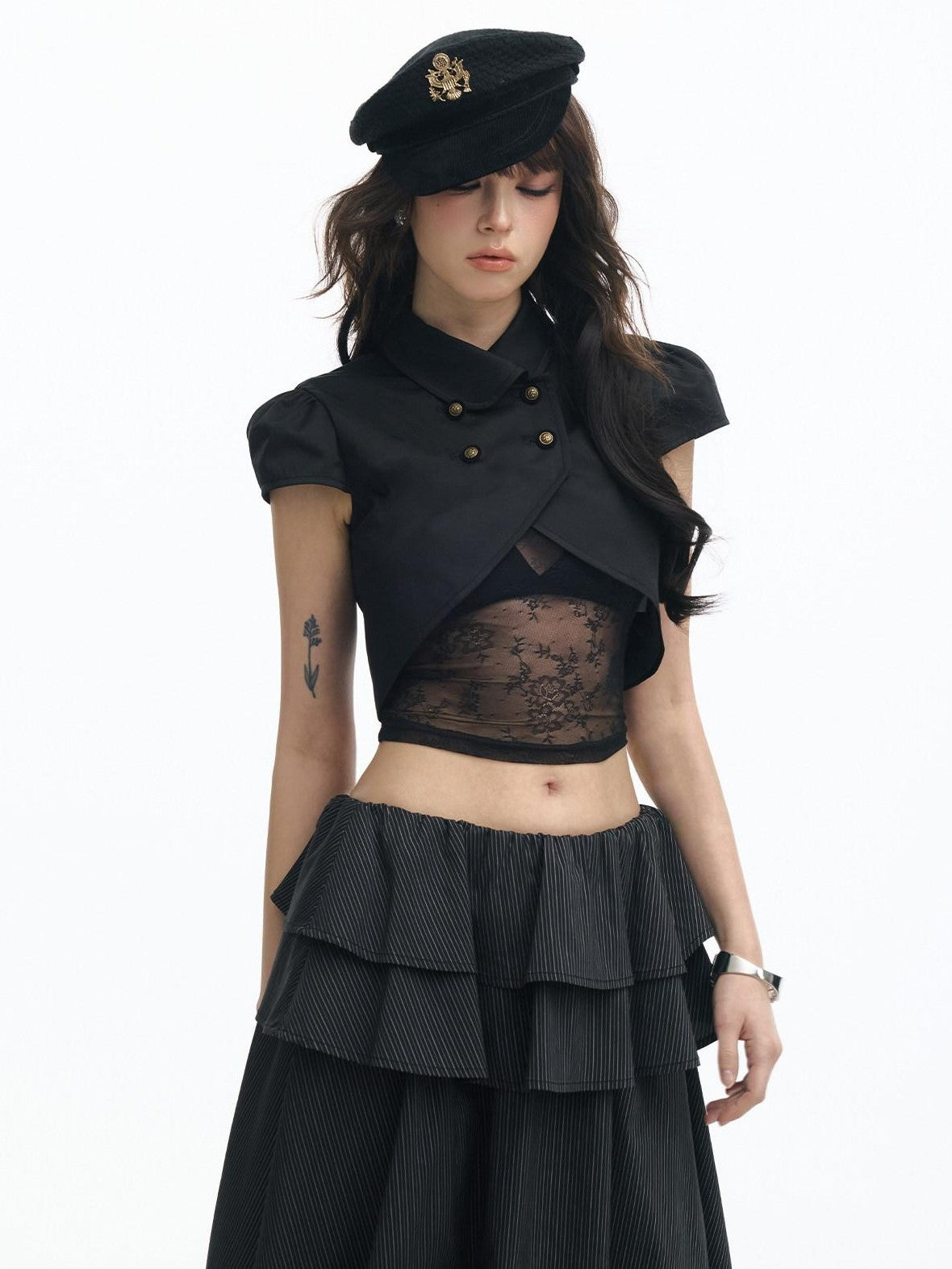 SereneEase Puff Sleeve Lace Cutout Bustier Layered Spliced Women's Matching Skirt Sets