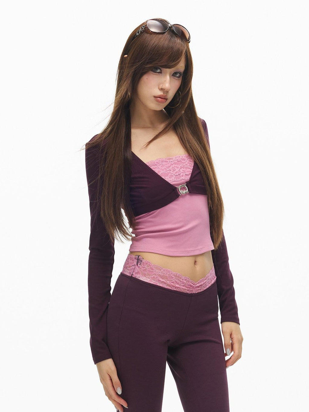 SereneEase Purple Floral Cropped Cardigan V-neck Metal Button Women's Matching Skirt Sets