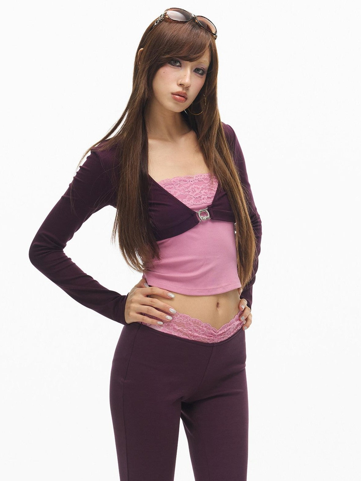 SereneEase Purple Floral Cropped Cardigan V-neck Metal Button Women's Matching Skirt Sets