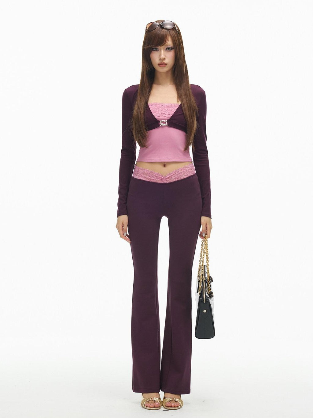 SereneEase Purple Floral Cropped Cardigan V-neck Metal Button Women's Matching Skirt Sets