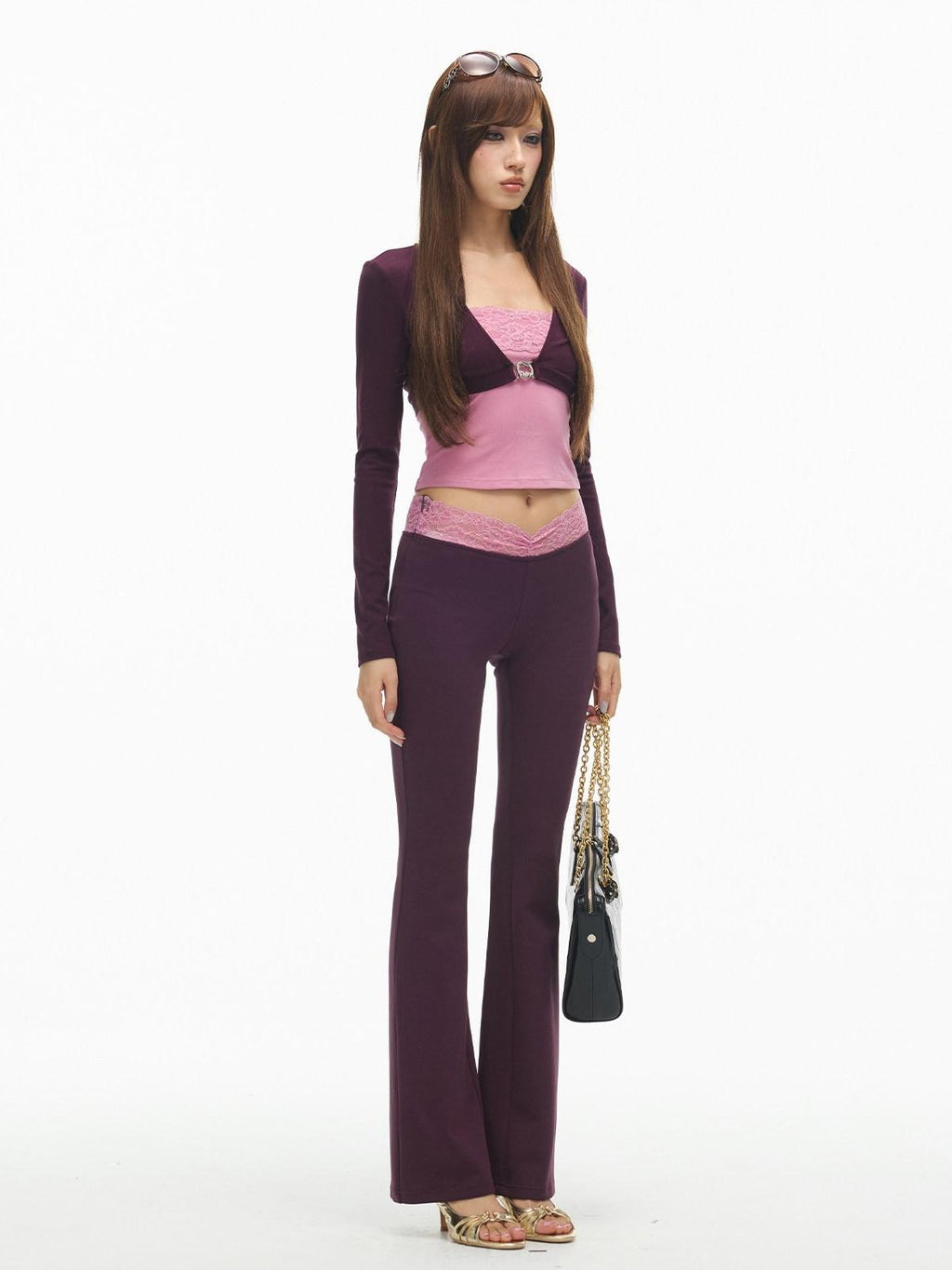 SereneEase Purple Floral Cropped Cardigan V-neck Metal Button Women's Matching Skirt Sets
