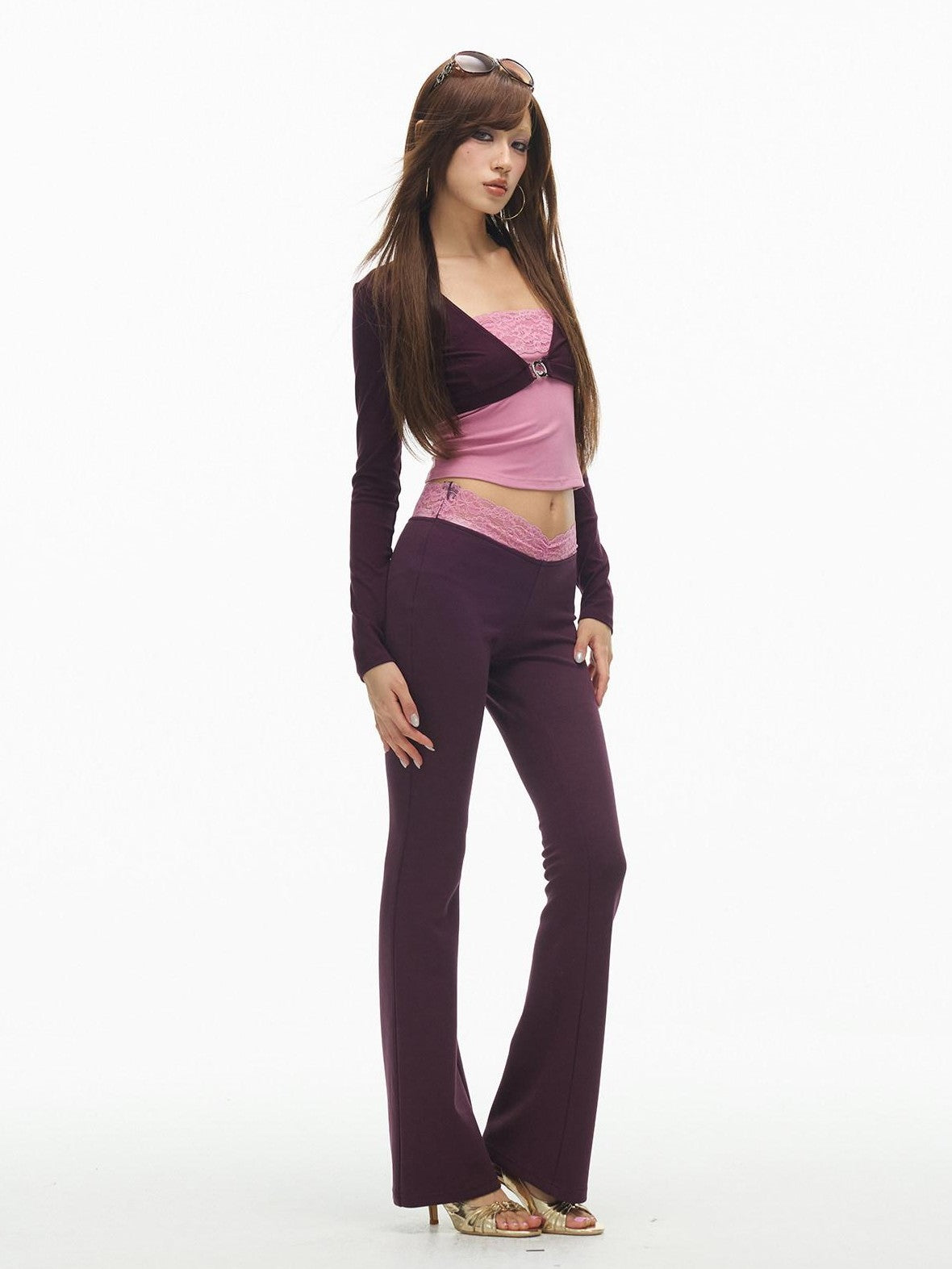 SereneEase Purple Floral Cropped Cardigan V-neck Metal Button Women's Matching Skirt Sets