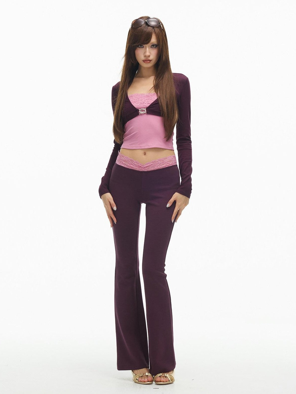 SereneEase Purple Floral Cropped Cardigan V-neck Metal Button Women's Matching Skirt Sets