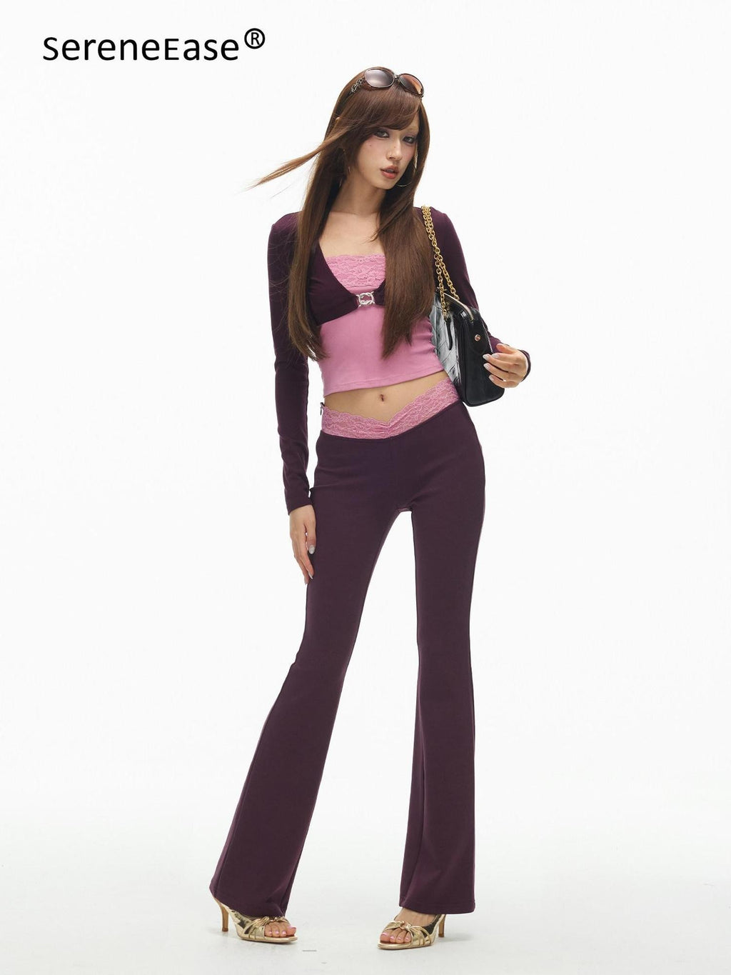 SereneEase Purple Floral Cropped Cardigan V-neck Metal Button Women's Matching Skirt Sets