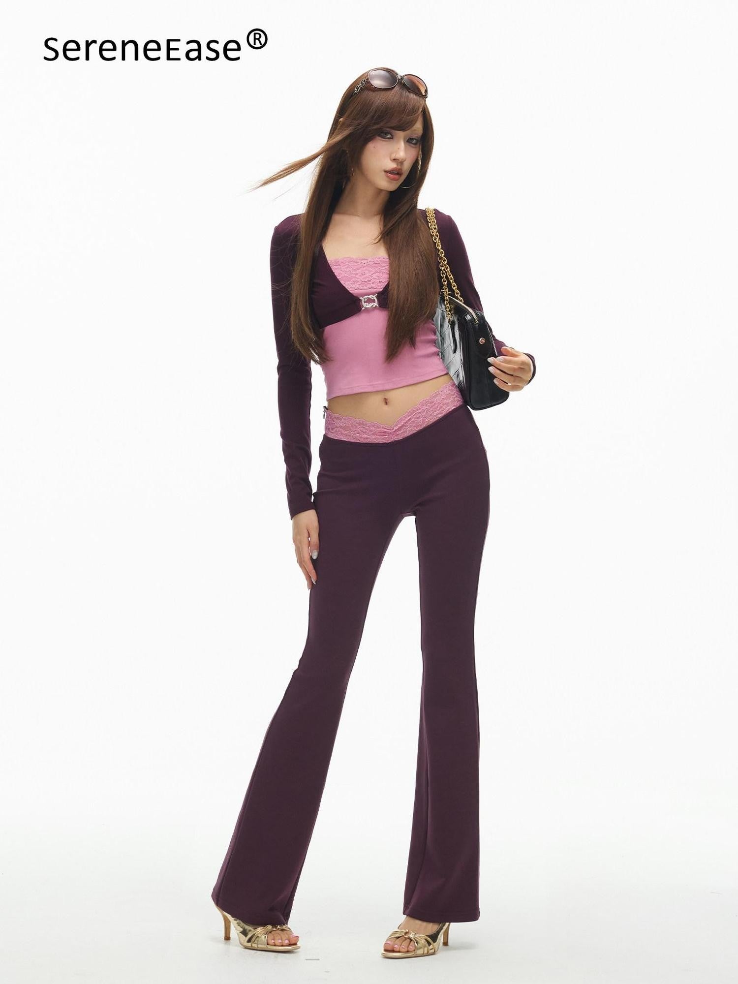 SereneEase Purple Floral Cropped Cardigan V-neck Metal Button Women's Matching Skirt Sets