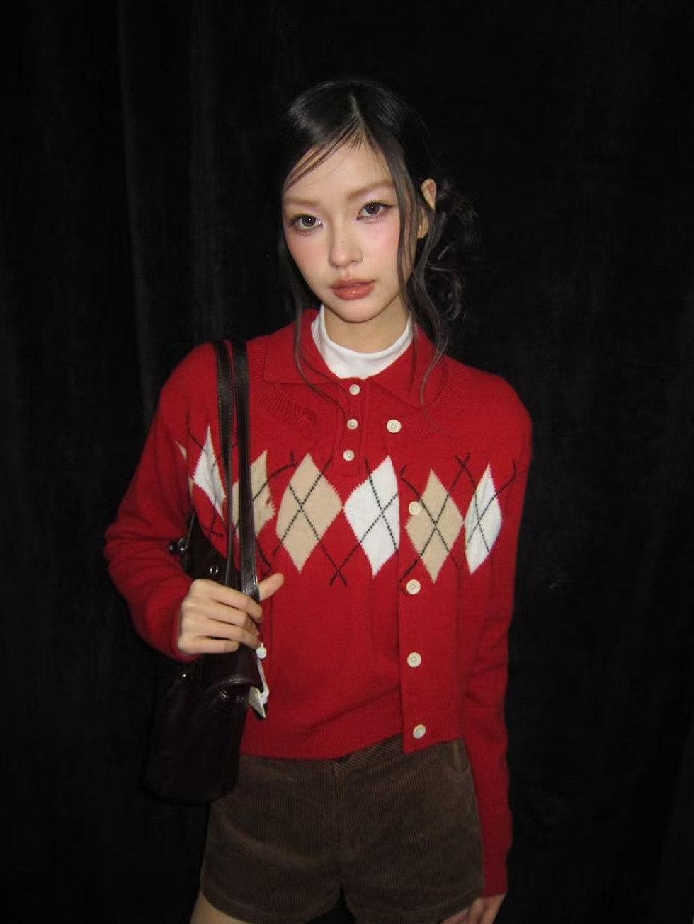 SereneEase Red Diamond Argyle Spliced Polo Collar Lace Trim Women's Knit Cardigans