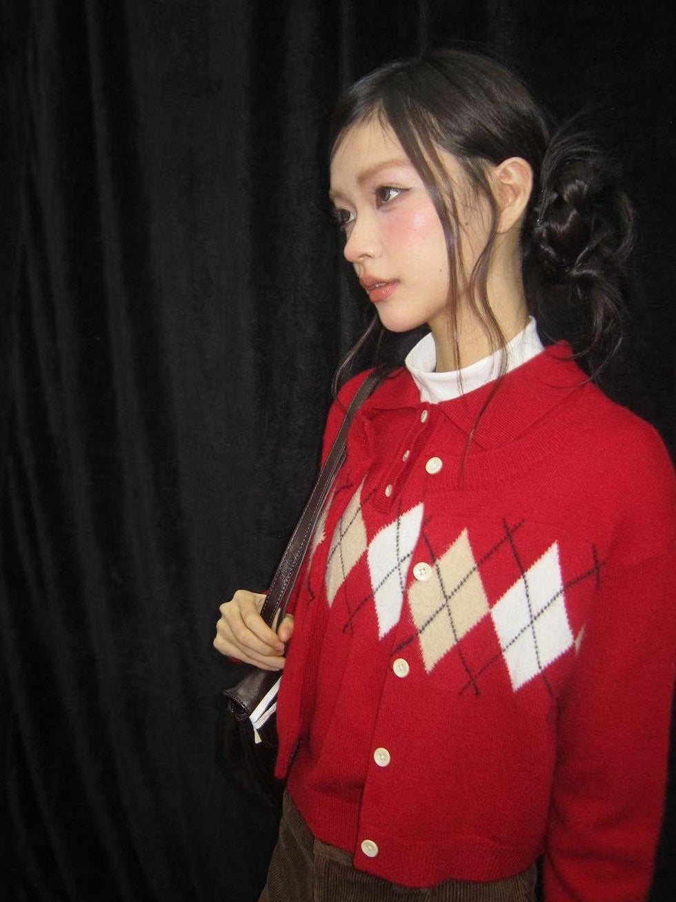SereneEase Red Diamond Argyle Spliced Polo Collar Lace Trim Women's Knit Cardigans