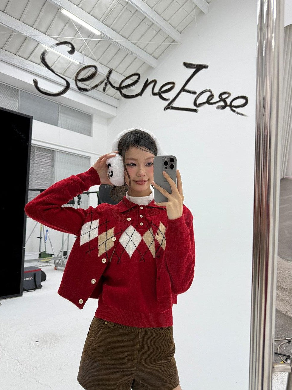 SereneEase Red Diamond Argyle Spliced Polo Collar Lace Trim Women's Knit Cardigans