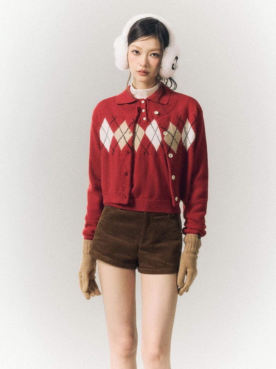 SereneEase Red Diamond Argyle Spliced Polo Collar Lace Trim Women's Knit Cardigans