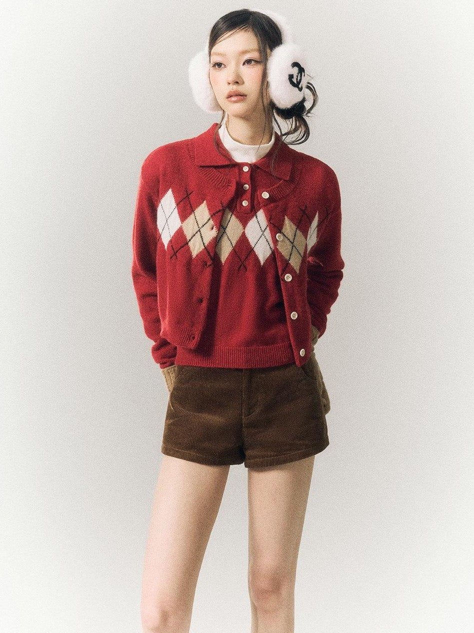 SereneEase Red Diamond Argyle Spliced Polo Collar Lace Trim Women's Knit Cardigans