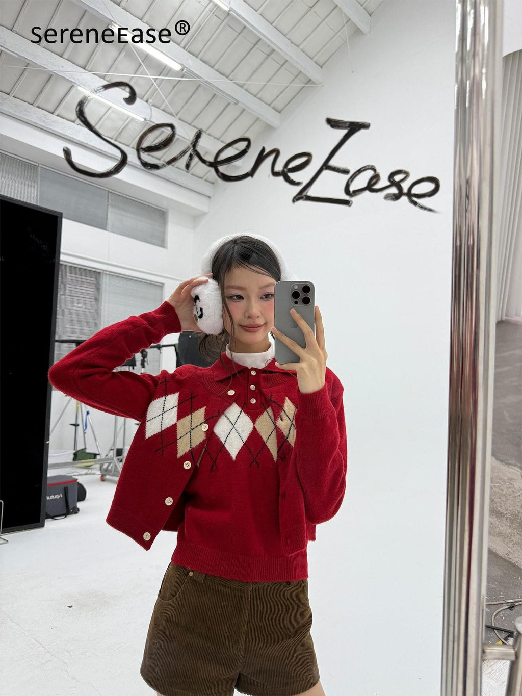 SereneEase Red Diamond Argyle Spliced Polo Collar Lace Trim Women's Knit Cardigans