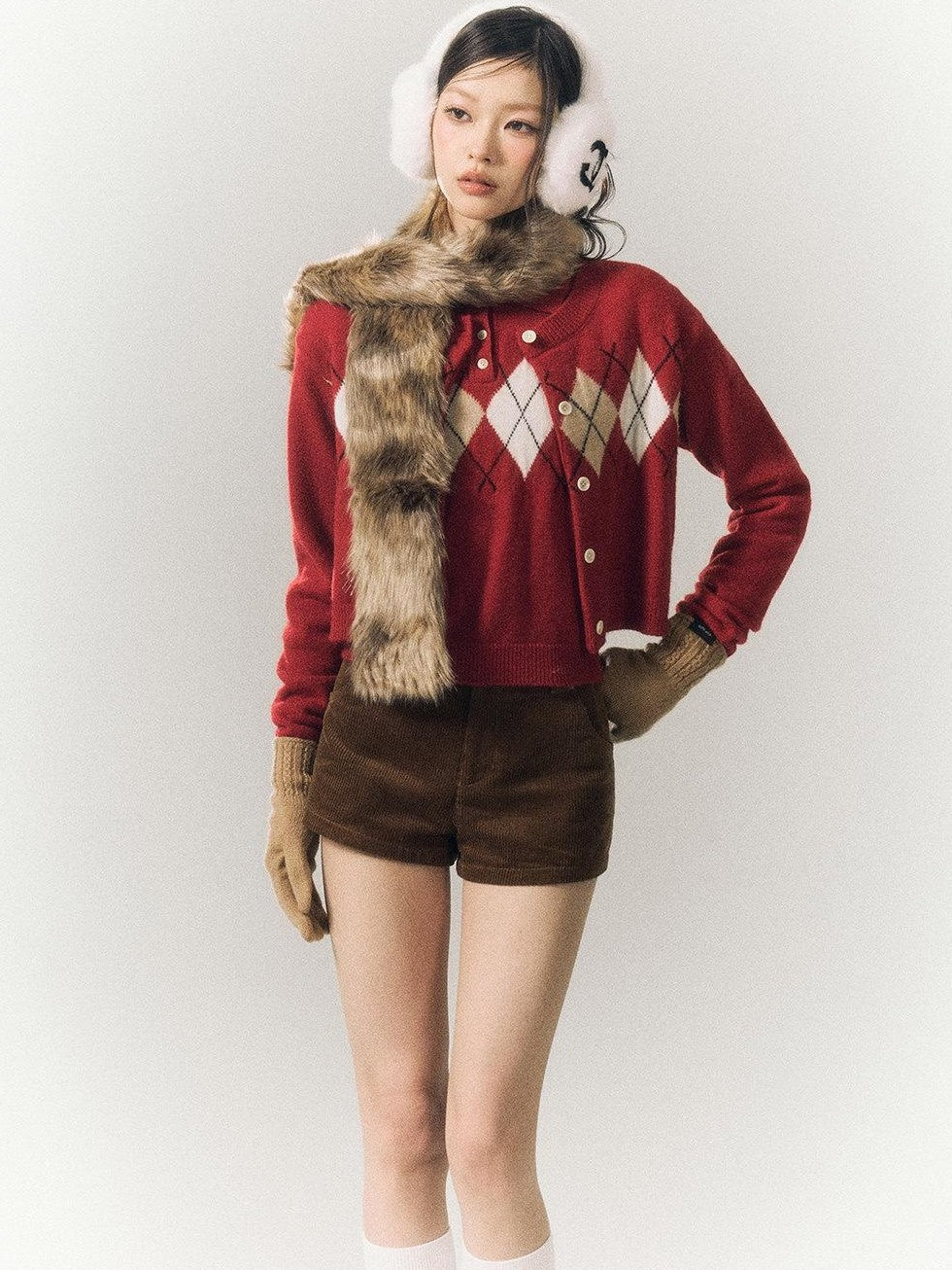 SereneEase Red Diamond Argyle Spliced Polo Collar Lace Trim Women's Knit Cardigans