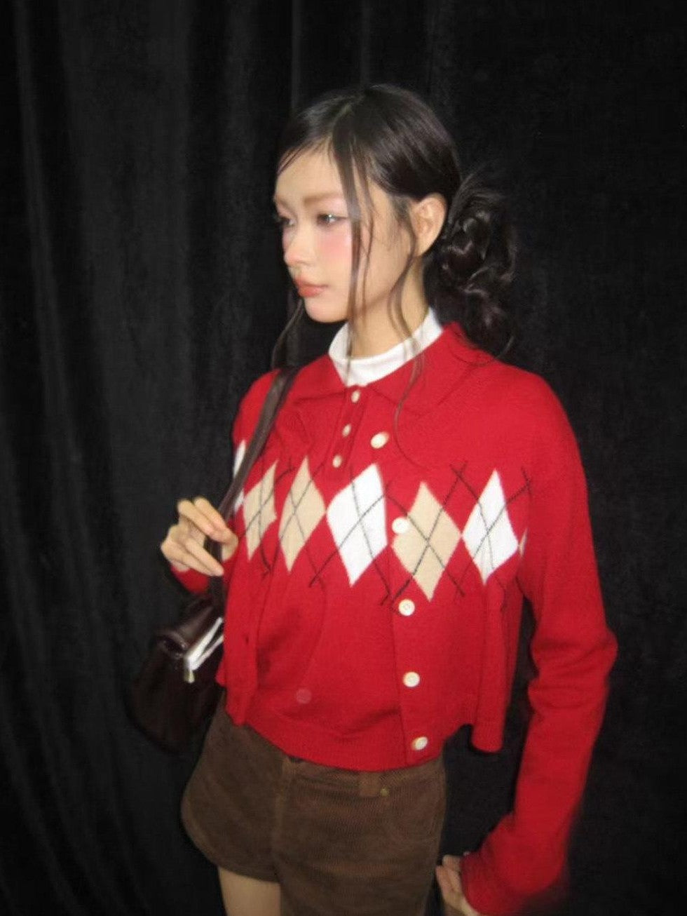 SereneEase Red Diamond Argyle Spliced Polo Collar Lace Trim Women's Knit Cardigans