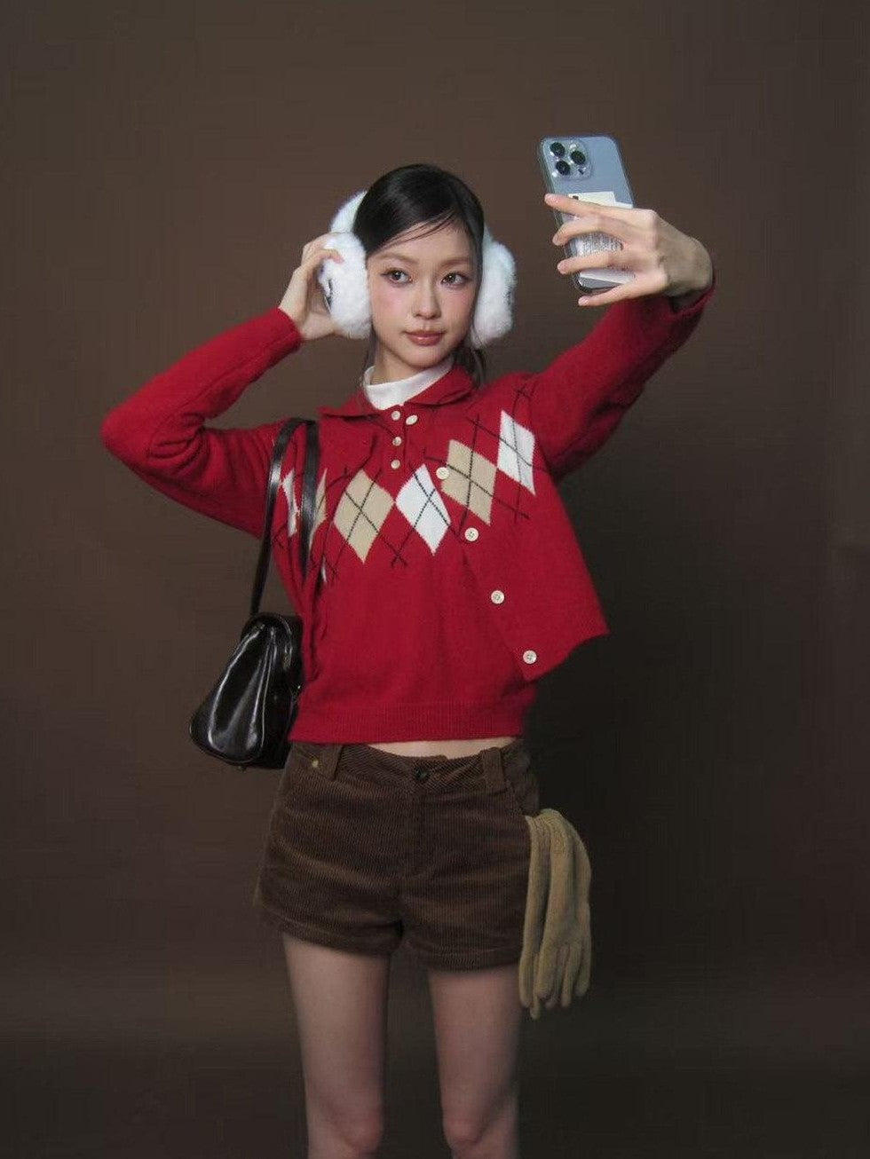 SereneEase Red Diamond Argyle Spliced Polo Collar Lace Trim Women's Knit Cardigans