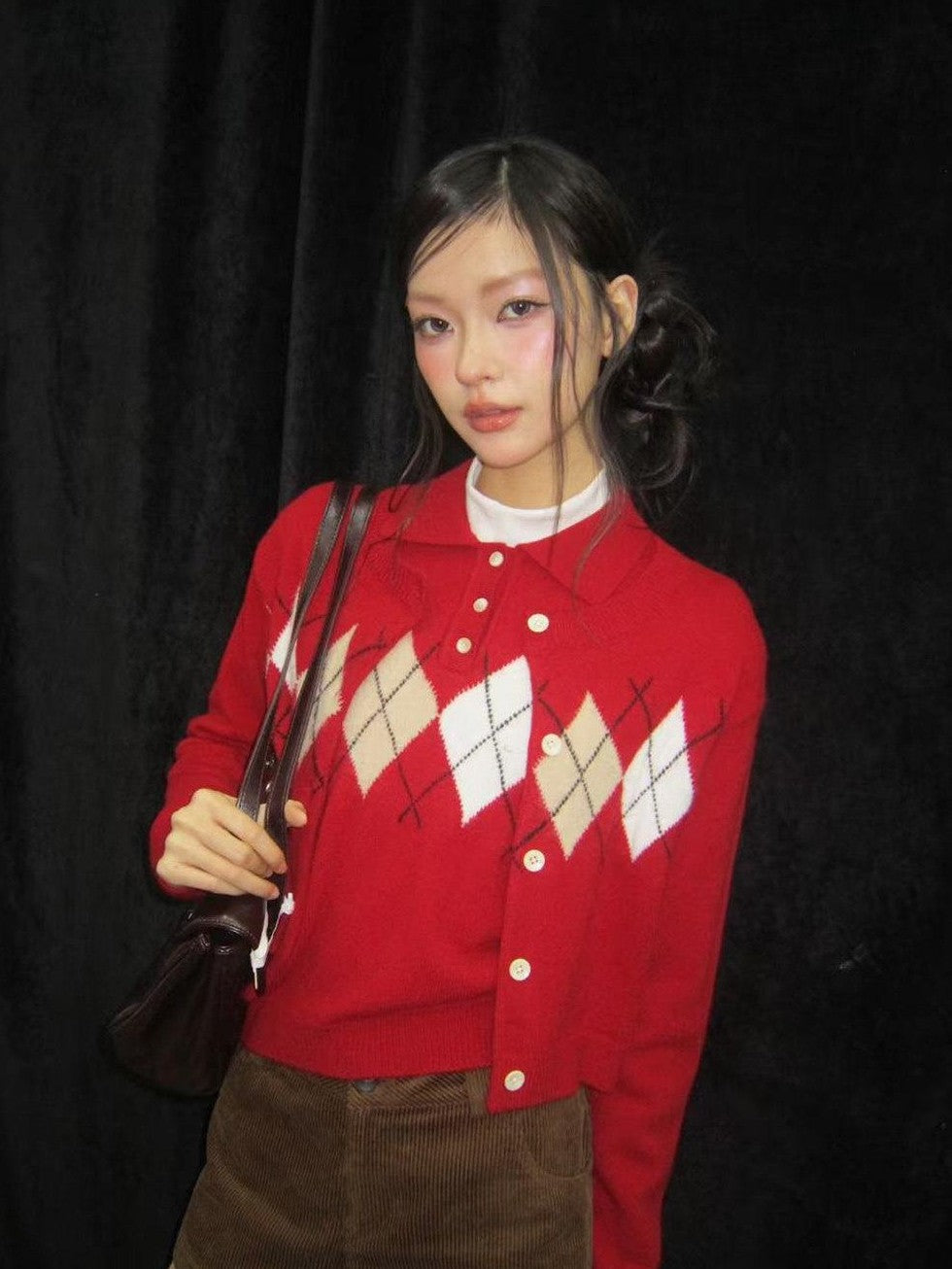 SereneEase Red Diamond Argyle Spliced Polo Collar Lace Trim Women's Knit Cardigans