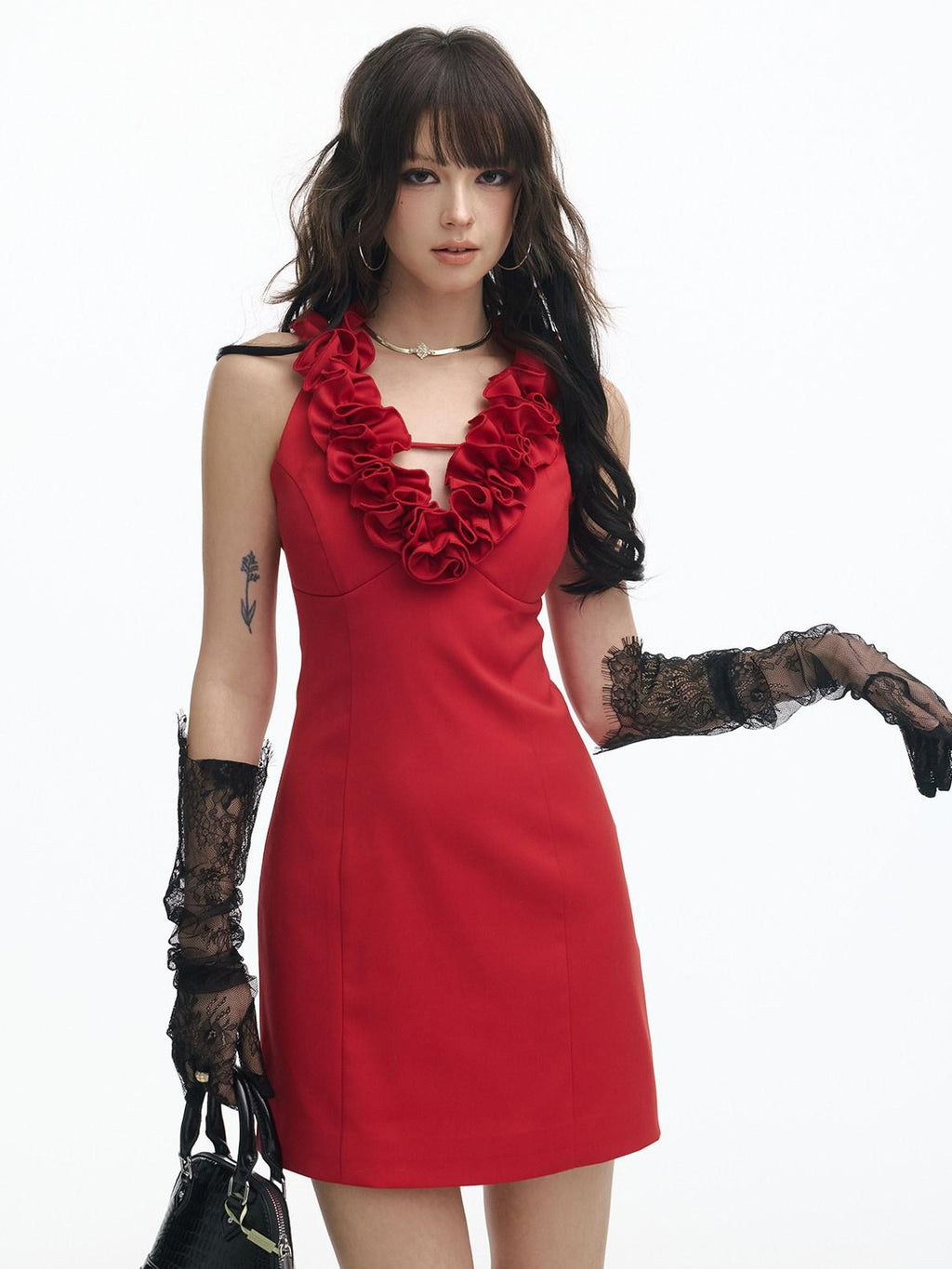SereneEase Red Rose Knot V-neck Sleeveless Waist Cinch Women's Bodycon Mini Dresses