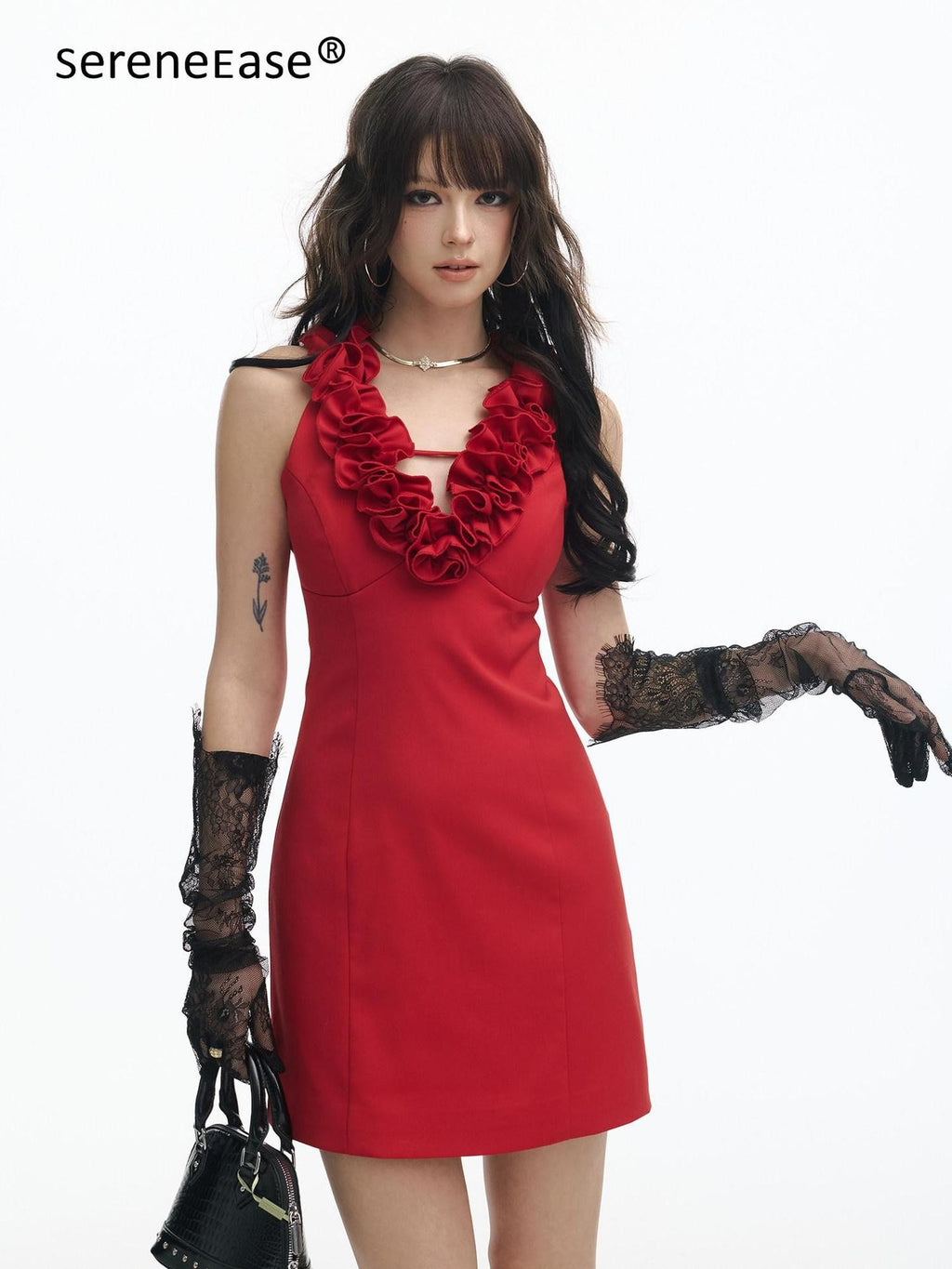 SereneEase Red Rose Knot V-neck Sleeveless Waist Cinch Women's Bodycon Mini Dresses