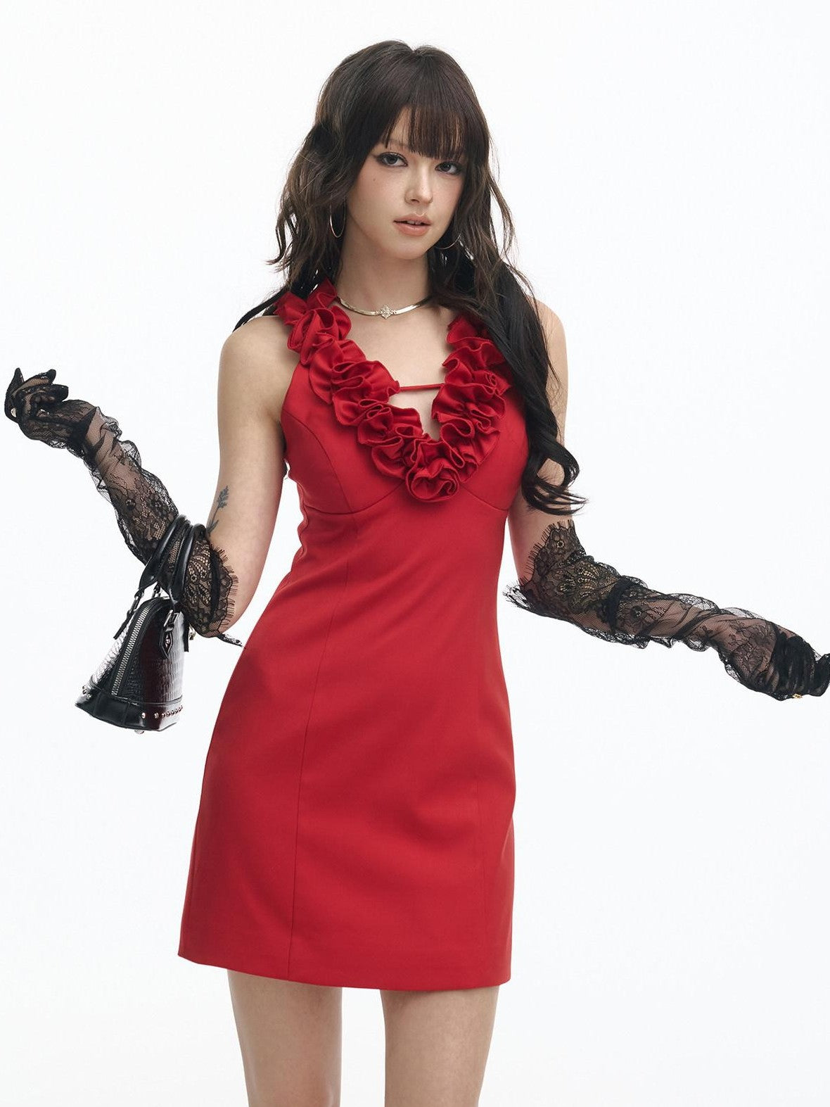SereneEase Red Rose Knot V-neck Sleeveless Waist Cinch Women's Bodycon Mini Dresses