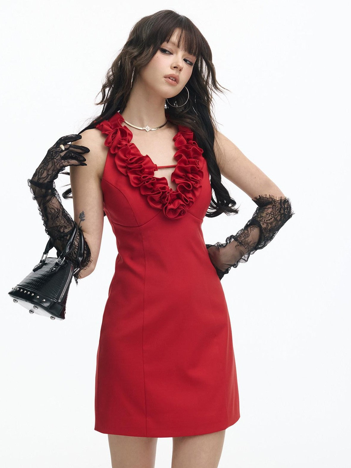 SereneEase Red Rose Knot V-neck Sleeveless Waist Cinch Women's Bodycon Mini Dresses