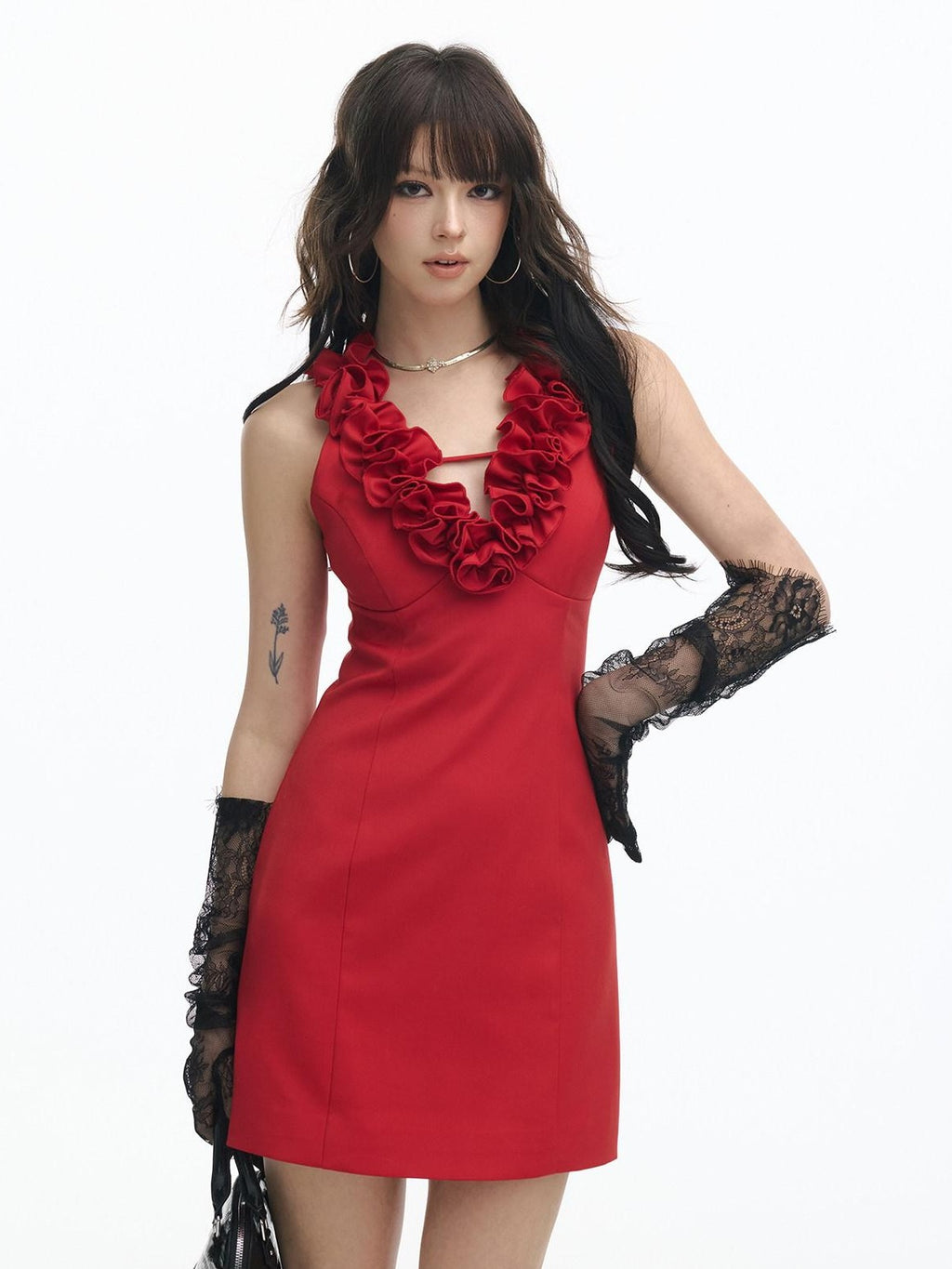 SereneEase Red Rose Knot V-neck Sleeveless Waist Cinch Women's Bodycon Mini Dresses