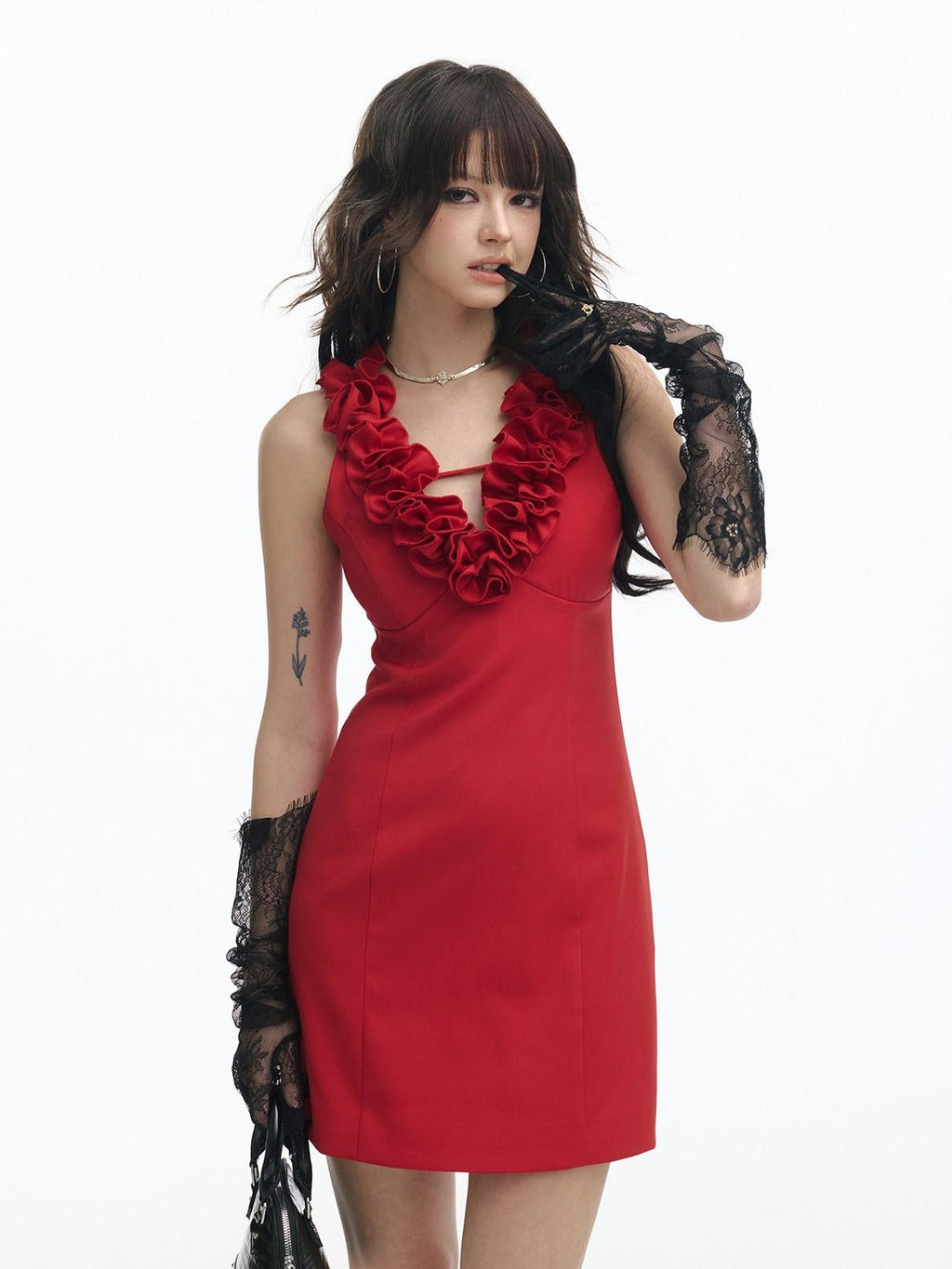 SereneEase Red Rose Knot V-neck Sleeveless Waist Cinch Women's Bodycon Mini Dresses