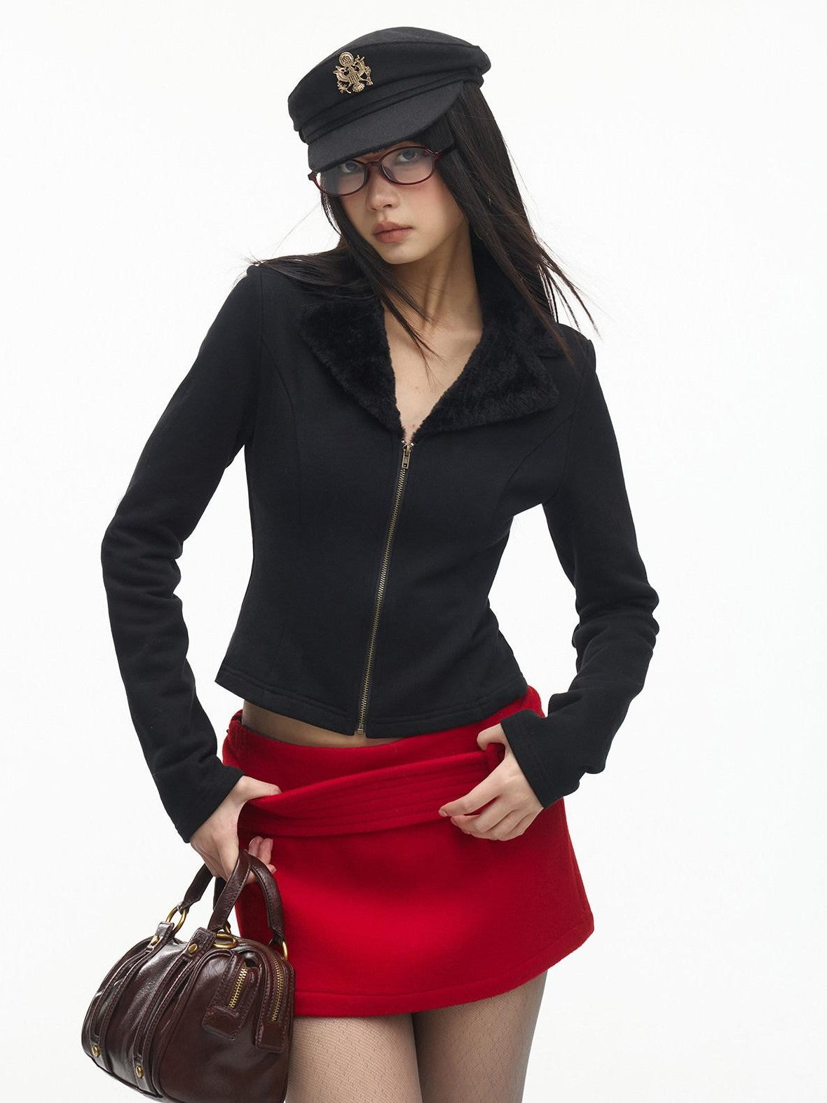 SereneEase Red Vintage High Waist A Line Slim Women's Wool Blend Mini Skirts