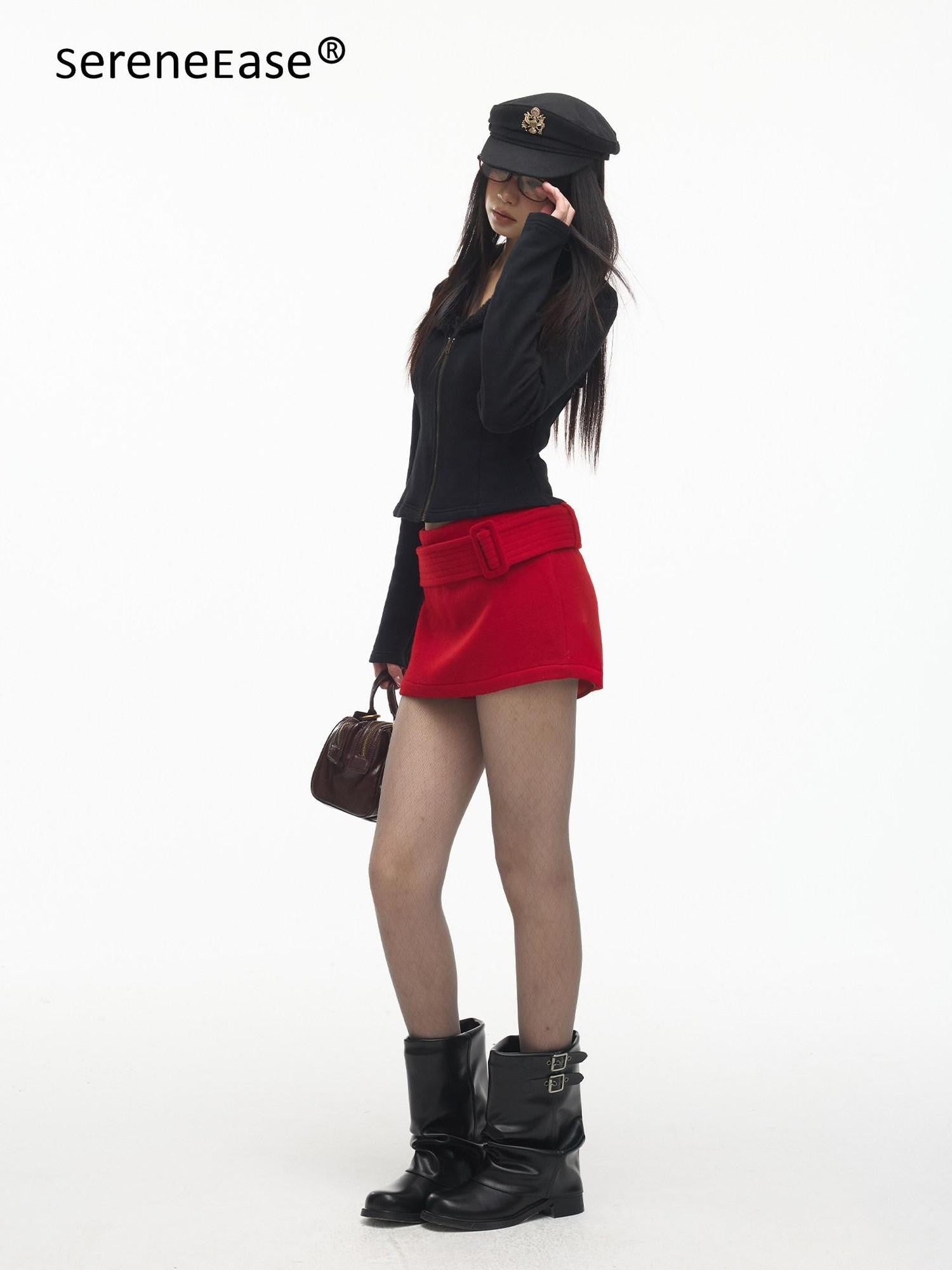 SereneEase Red Vintage High Waist A Line Slim Women's Wool Blend Mini Skirts