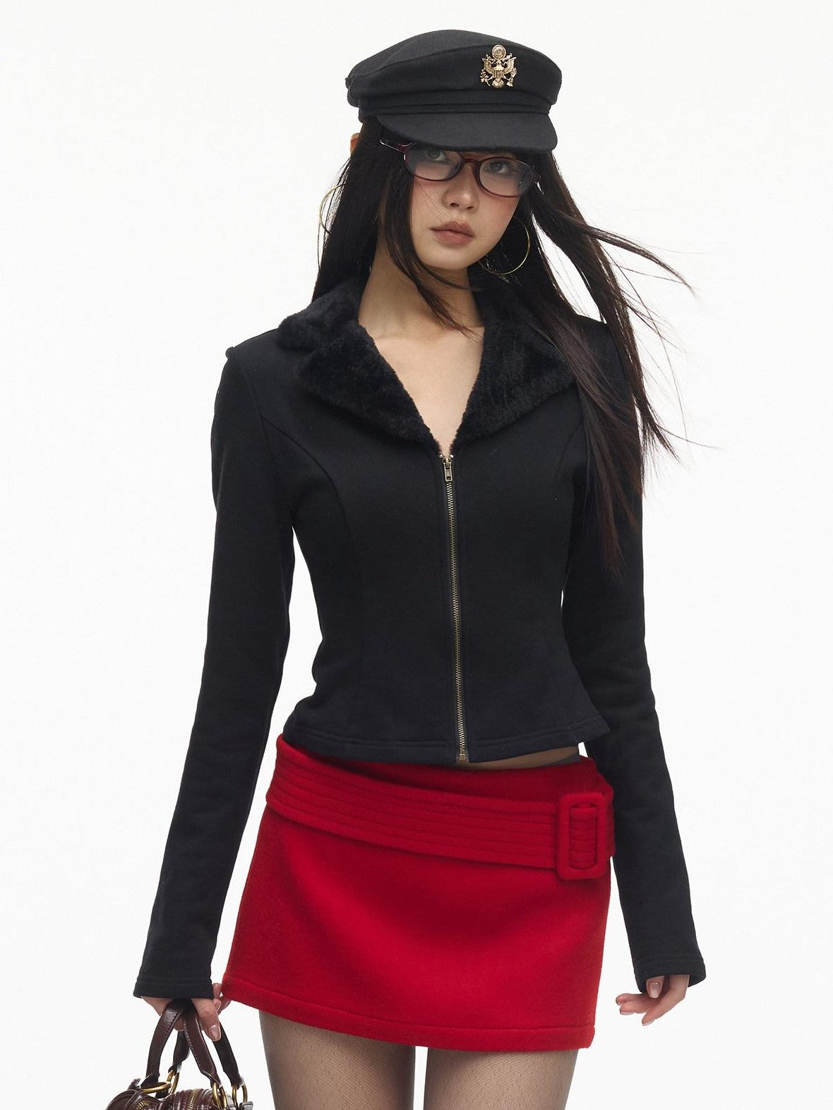SereneEase Red Vintage High Waist A Line Slim Women's Wool Blend Mini Skirts