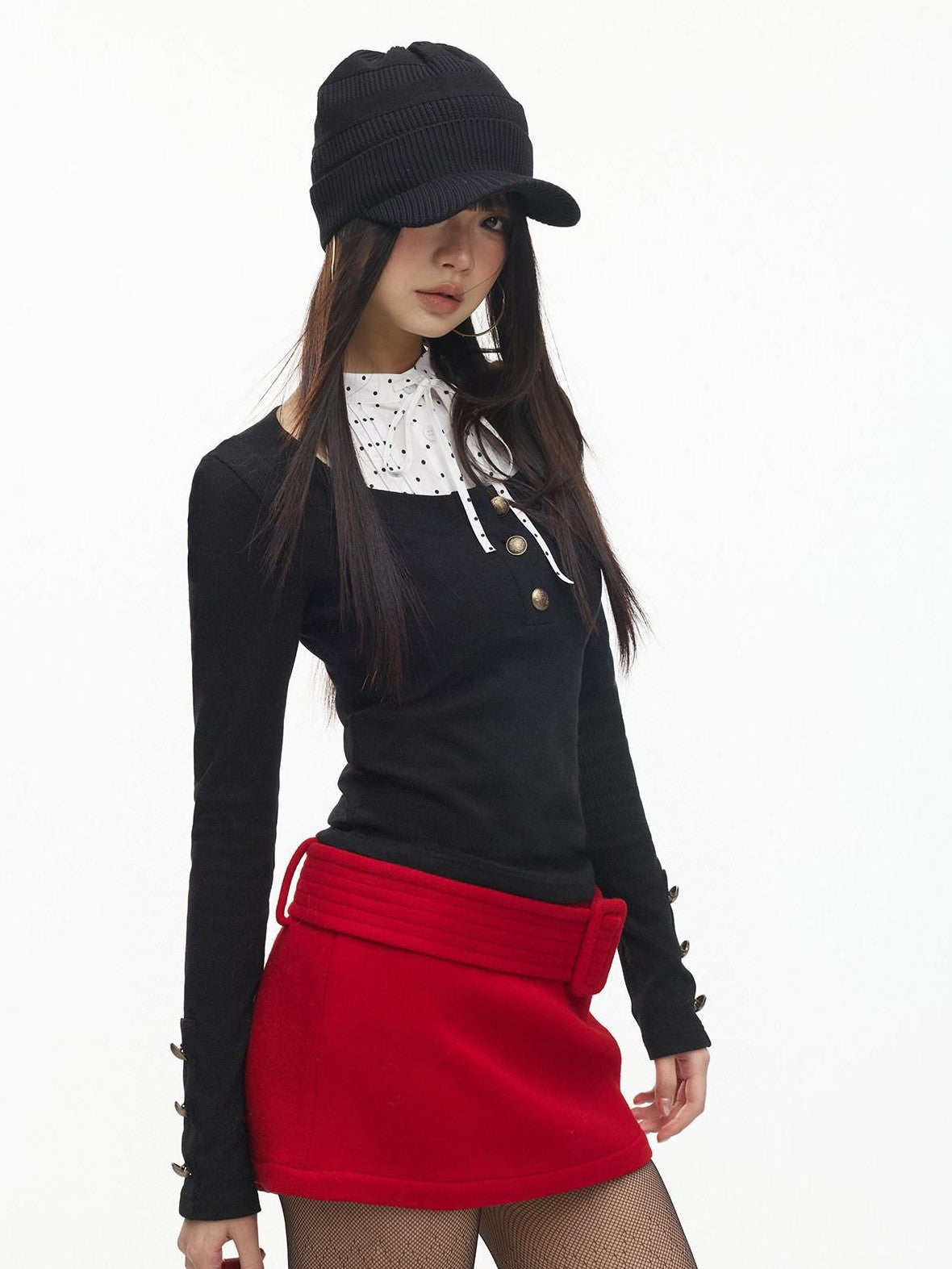 SereneEase Red Vintage High Waist A Line Slim Women's Wool Blend Mini Skirts