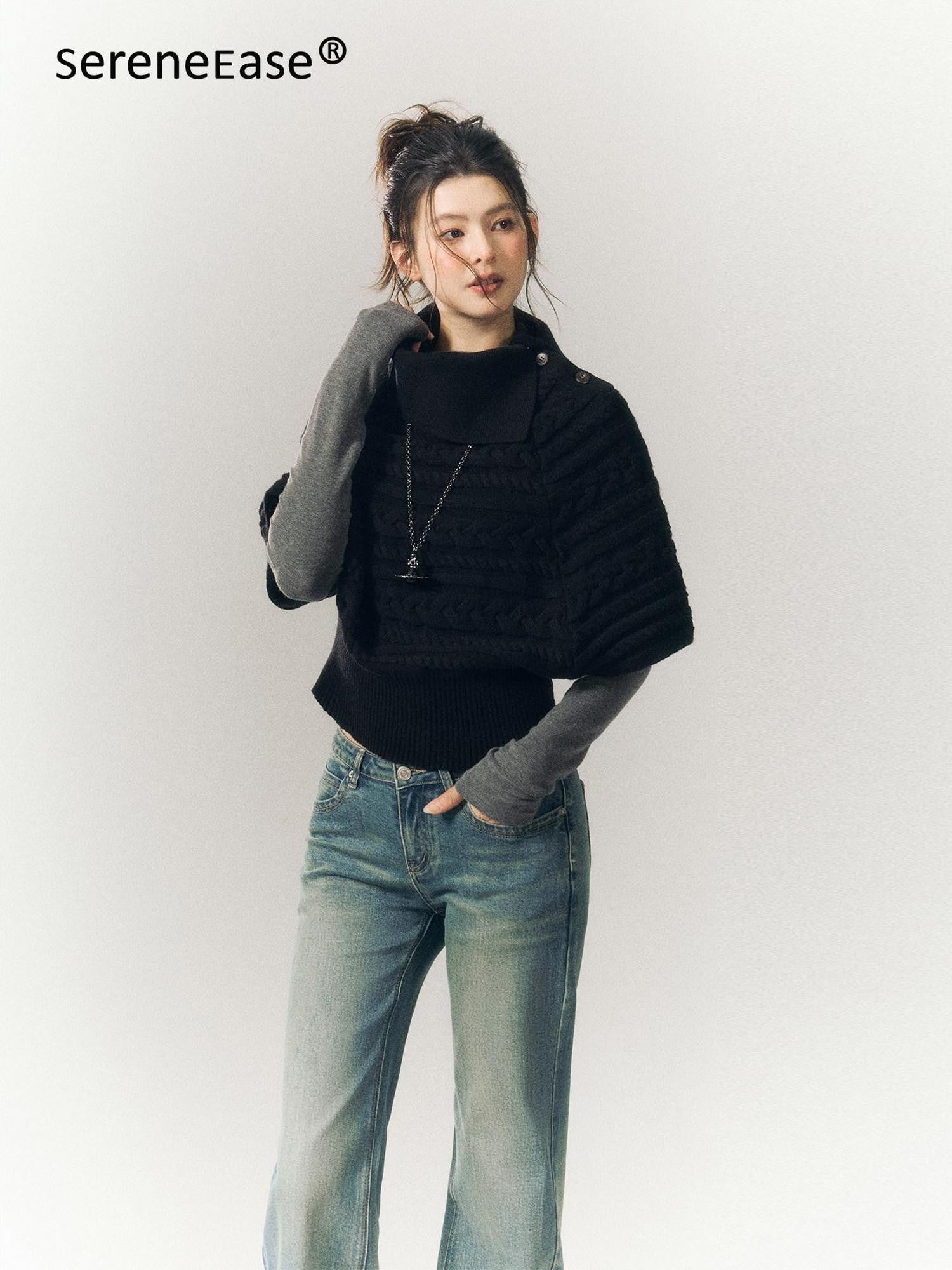 SereneEase Relaxed Cable Knit Cape Turndown Collar Women's Wool Blend Turtleneck Sweaters