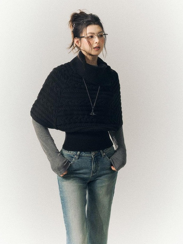 SereneEase Relaxed Cable Knit Cape Turndown Collar Women's Wool Blend Turtleneck Sweaters